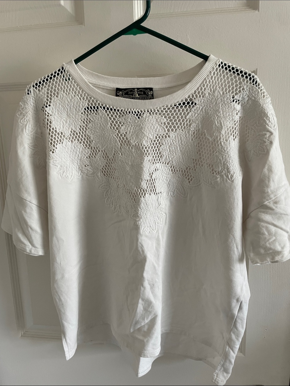 Anthropologie James Coviello Women's White Crochet Yoke Short Sleeve Top L